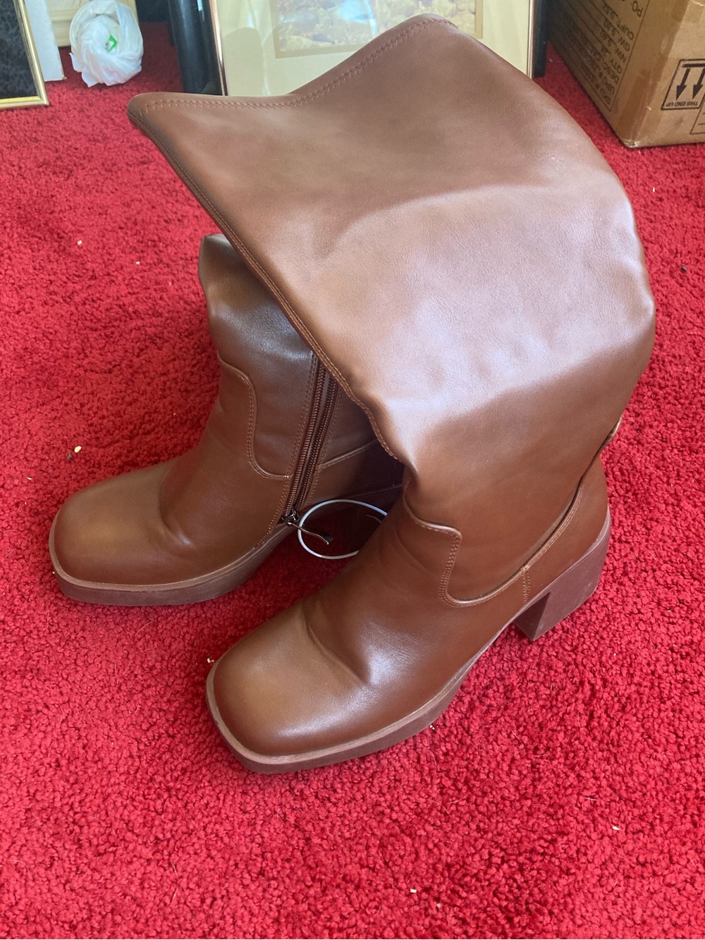 Women's Brown Mid-Calf Faux Leather Block Heel Boots
